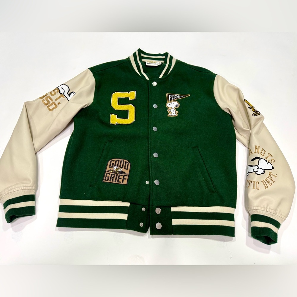 Aeropostale Snoopy Peanuts Varsity Jacket Green Cream XS Letterman